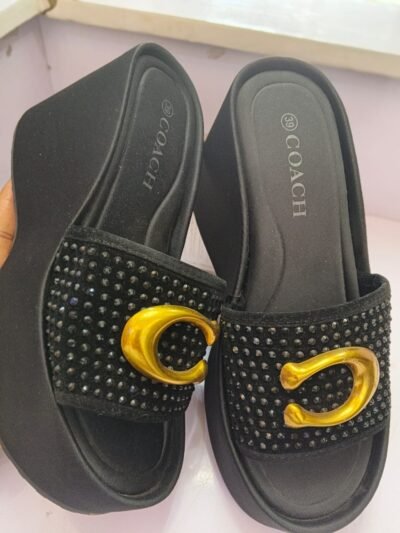 Black Embellished Platform Slippers